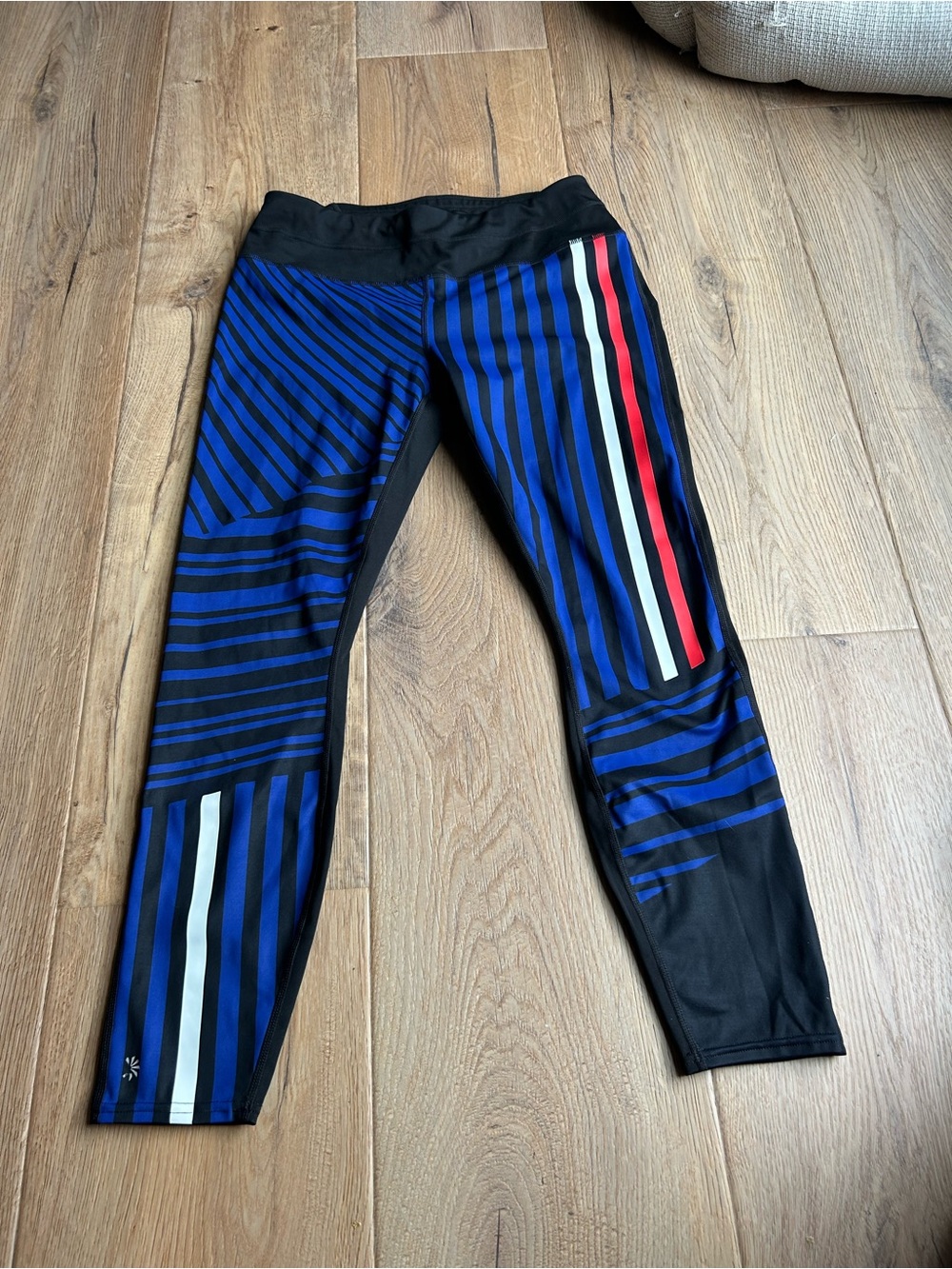 Athleta Blue Black Striped Leggings with Red and White Accents